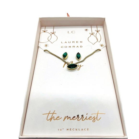 Lauren Conrad Womens Green Crystals Gold Tone May Birthstone Necklace Earrings - Picture 3 of 10